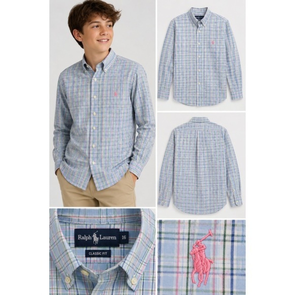 Ralph Lauren Kids Boys Blue Green‎ Pink Plaid Button Down Shirt Classic Fit 16